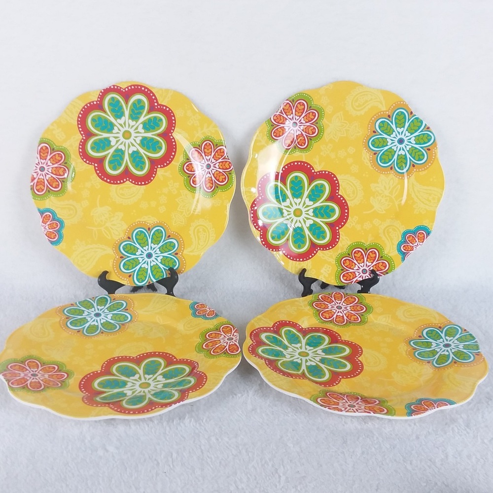 Pier 1 Imports Melamine 10" Dinner Plates‎ Yellow Floral Sunny Bright Lot of 4